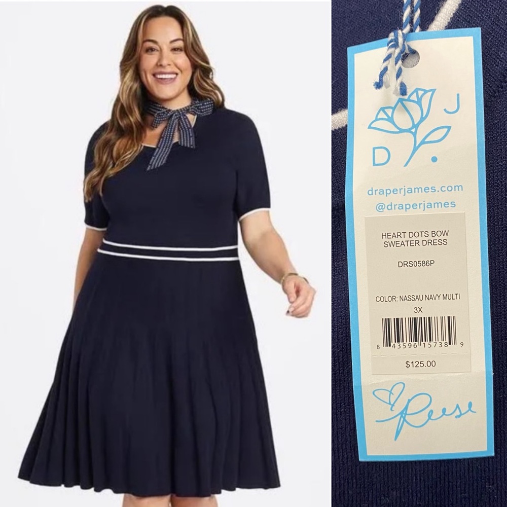 NWT Draper James Dots Bowtie Neck Navy Blue Pleated Sweater Knit Dress Womens 3X
